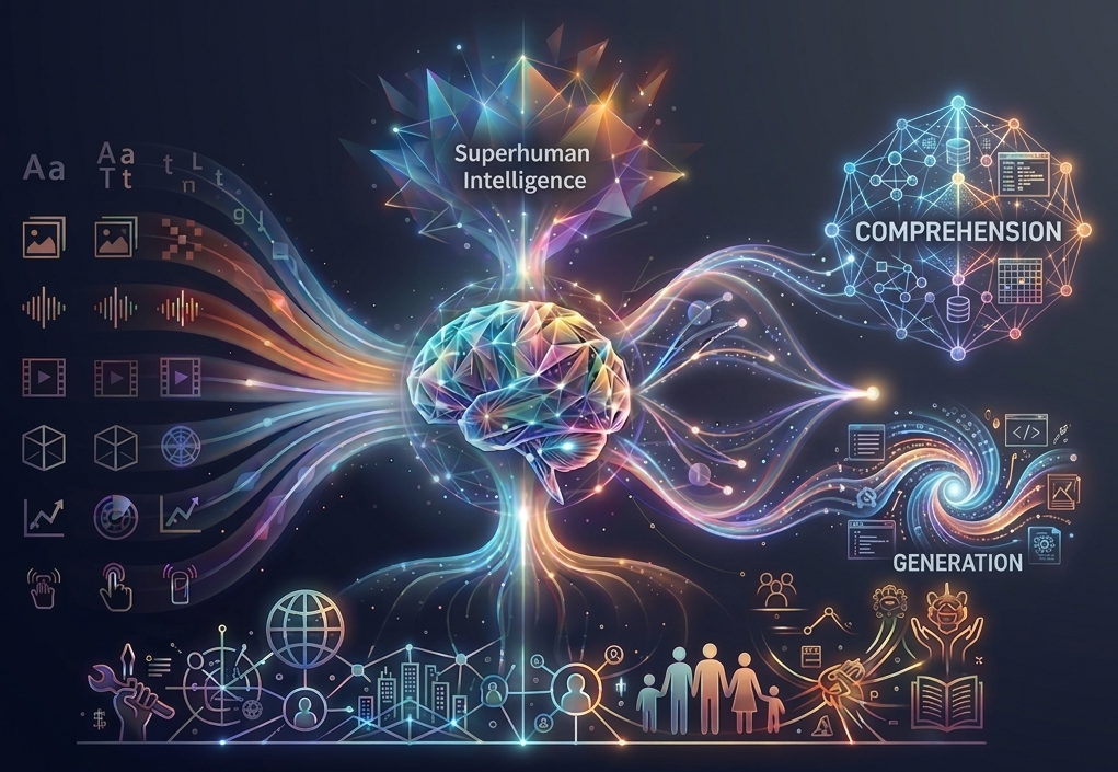 Concept illustration of multimodal intelligence linking comprehension and generation